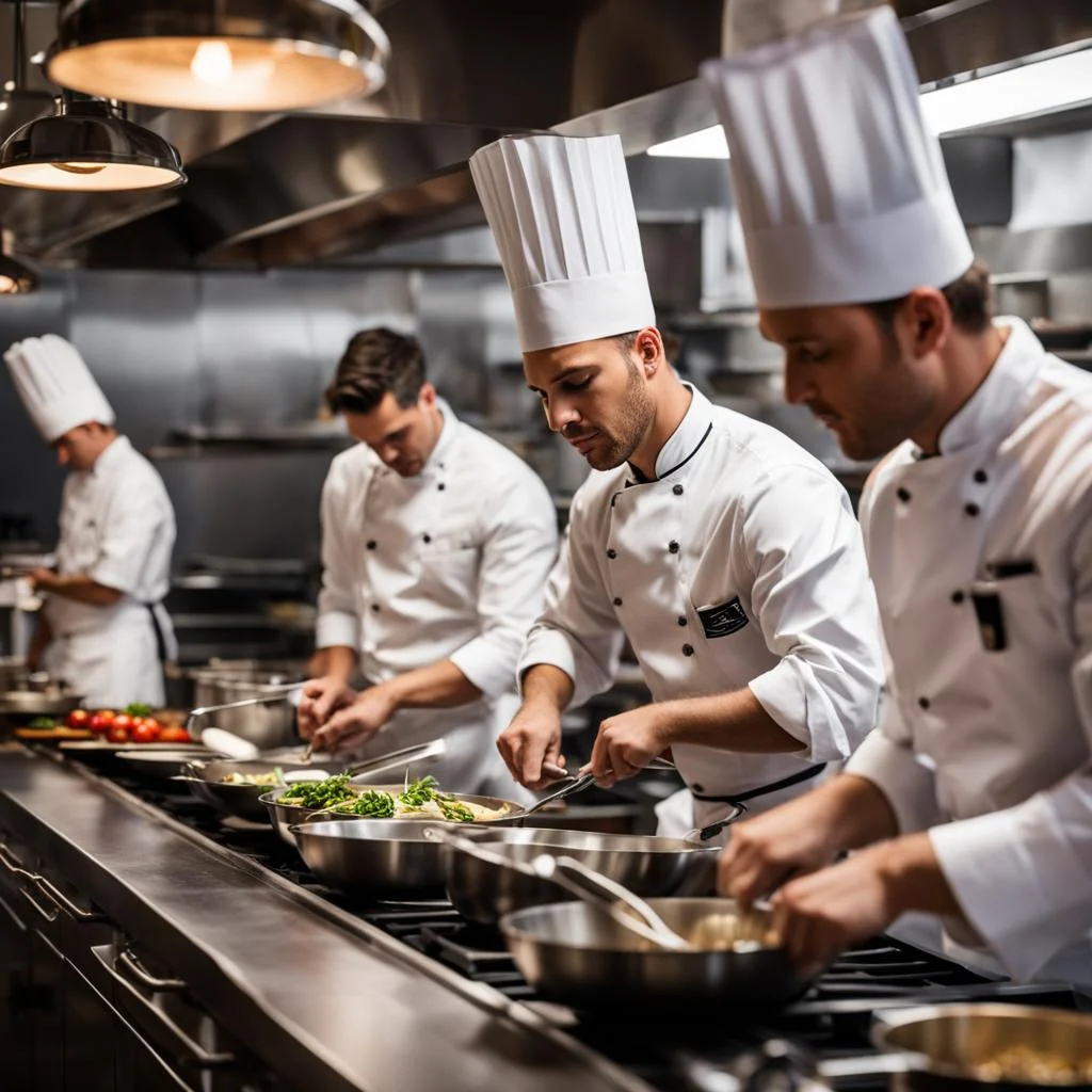 Kitchen staff working together in a restaurant kitchen