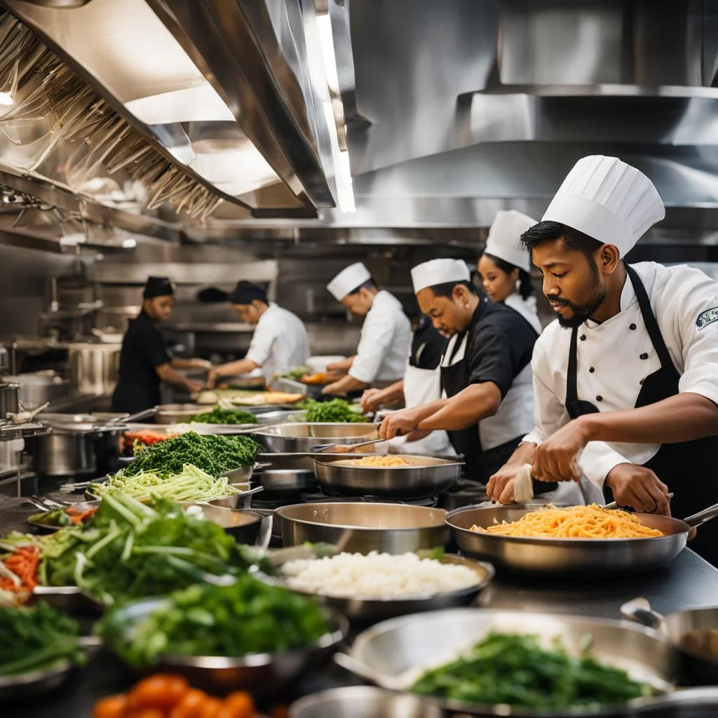Chefs preparing meals in a busy kitchen