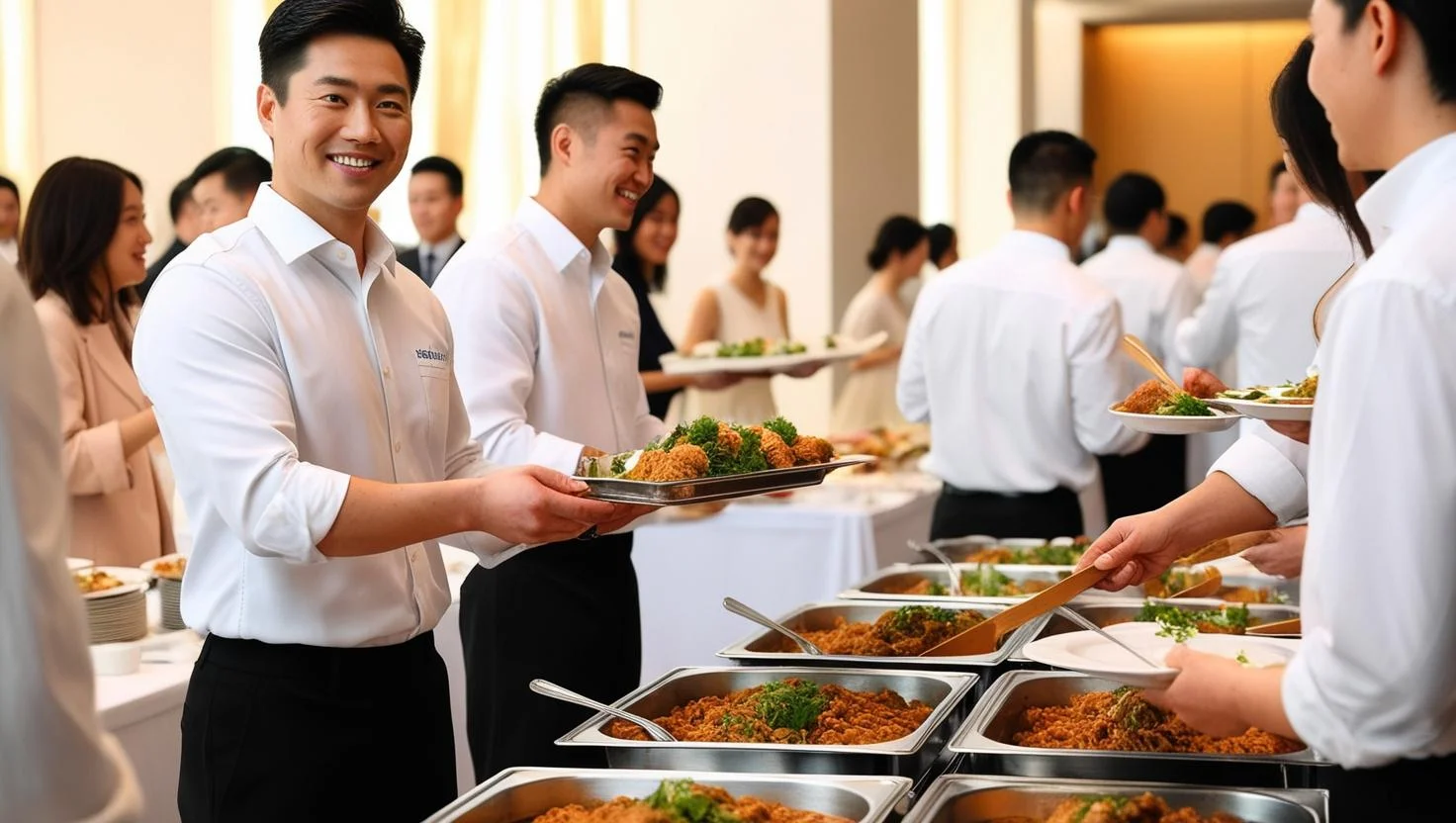 A catering assistant preparing sandwiches in a commercial kitchen