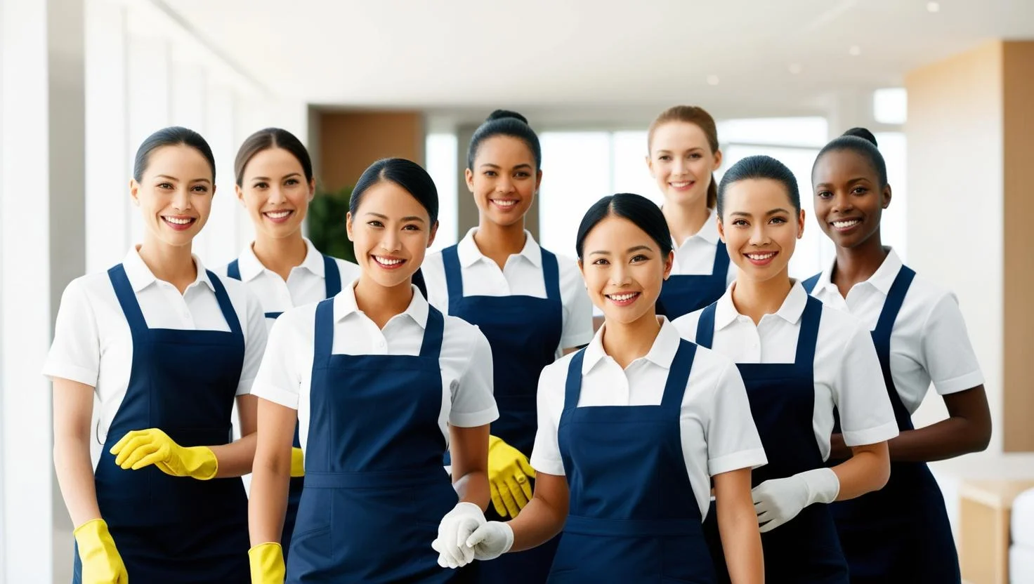 Professional housekeeping staff in London wearing pristine uniforms