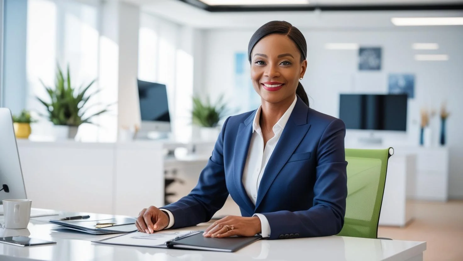 A smiling female office administrator making a professional phone call in a bright London office.