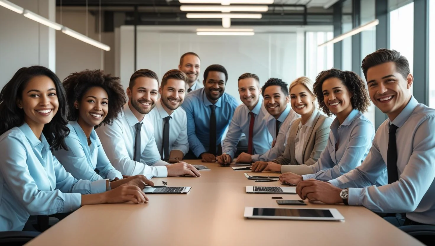 A team of diverse temporary office staff collaborating on a project in a London office.