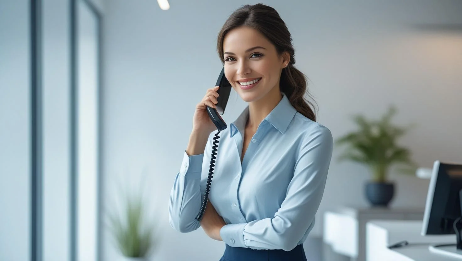 A team collaborates with their temporary receptionist, ensuring a smooth workflow.