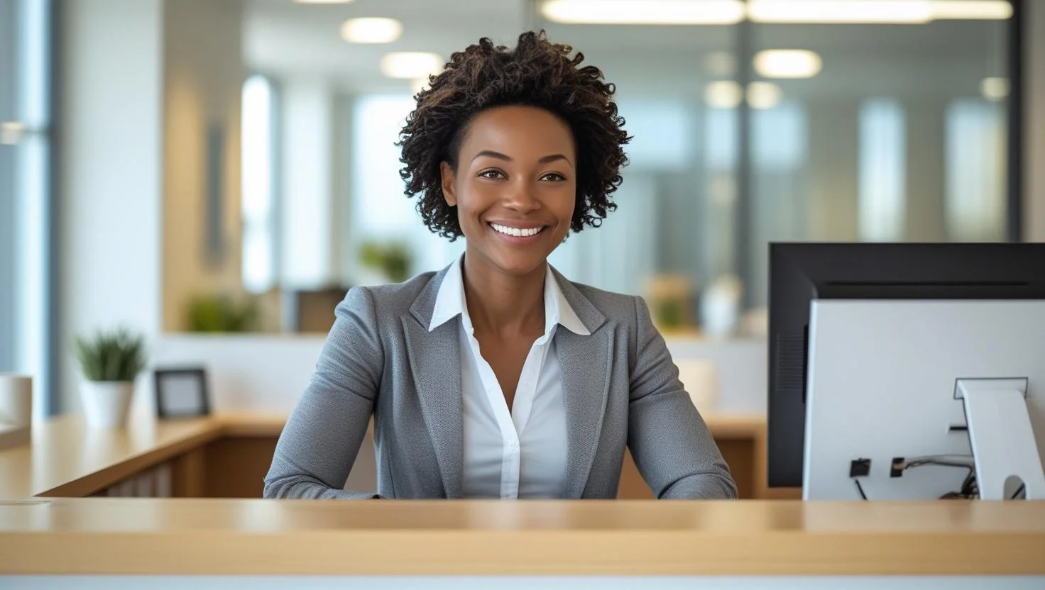 A professional temporary receptionist answering a phone call at a busy front desk.