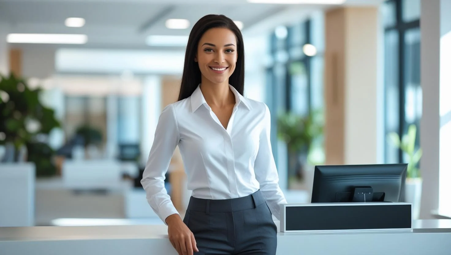 A temporary receptionist managing bookings and greeting a client in a hotel lobby.