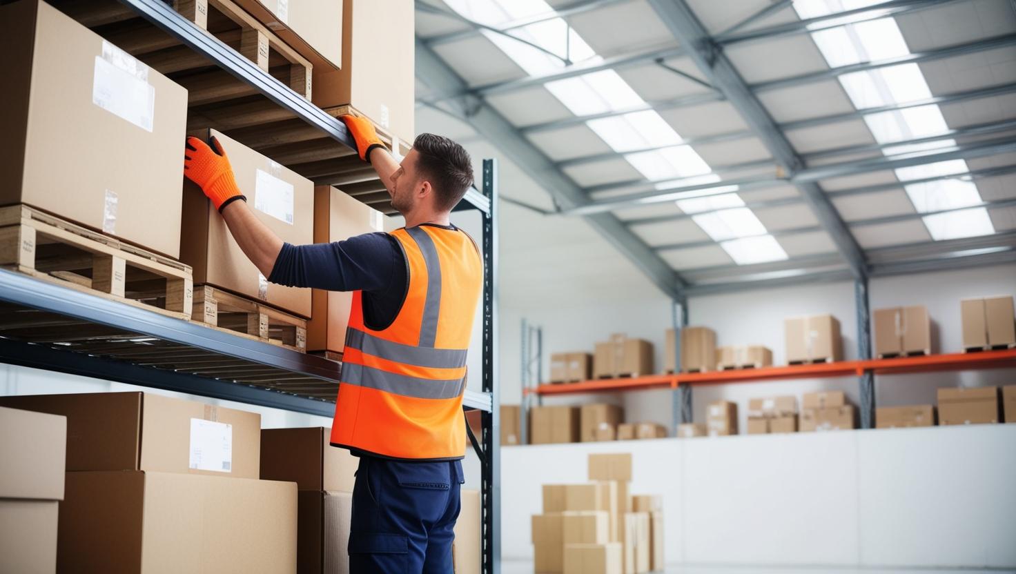 A warehouse manager with a clipboard instructing a team of operatives in a busy warehouse aisle.