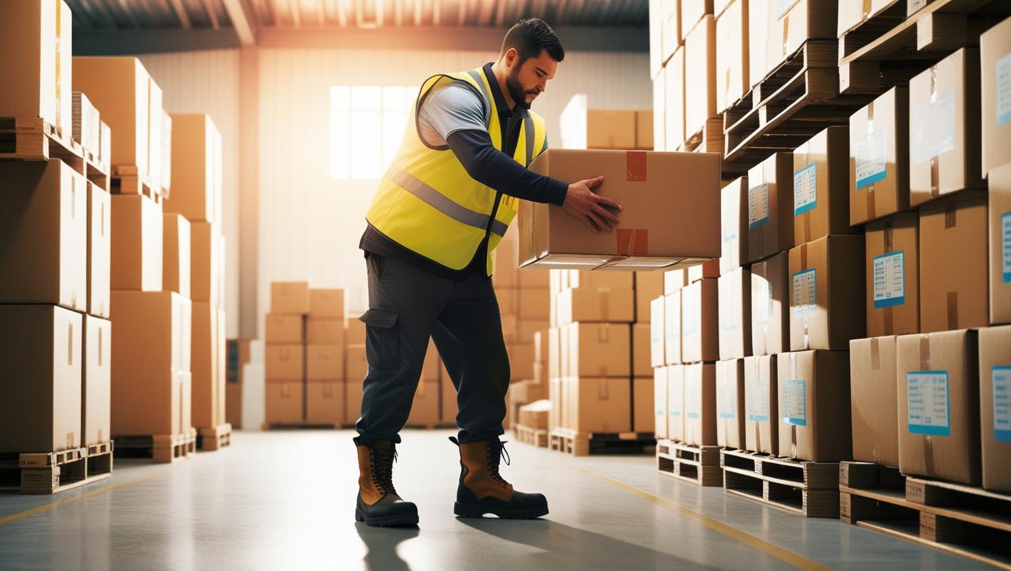 A male warehouse operative smiling while operating a forklift truck in a large, well-stocked warehouse.