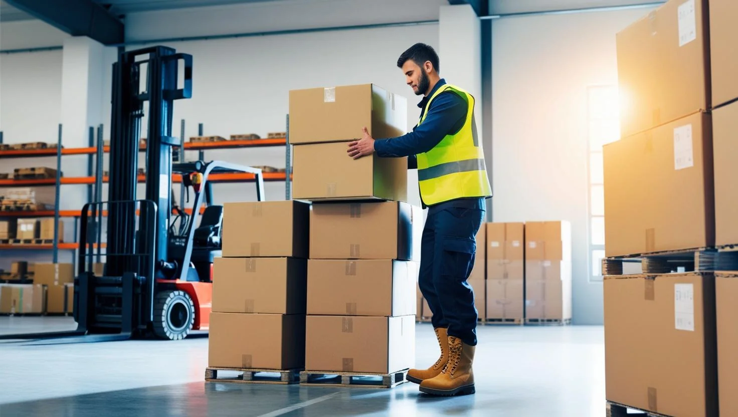 Two warehouse operatives in high-visibility vests collaborating on a task with a tablet device.