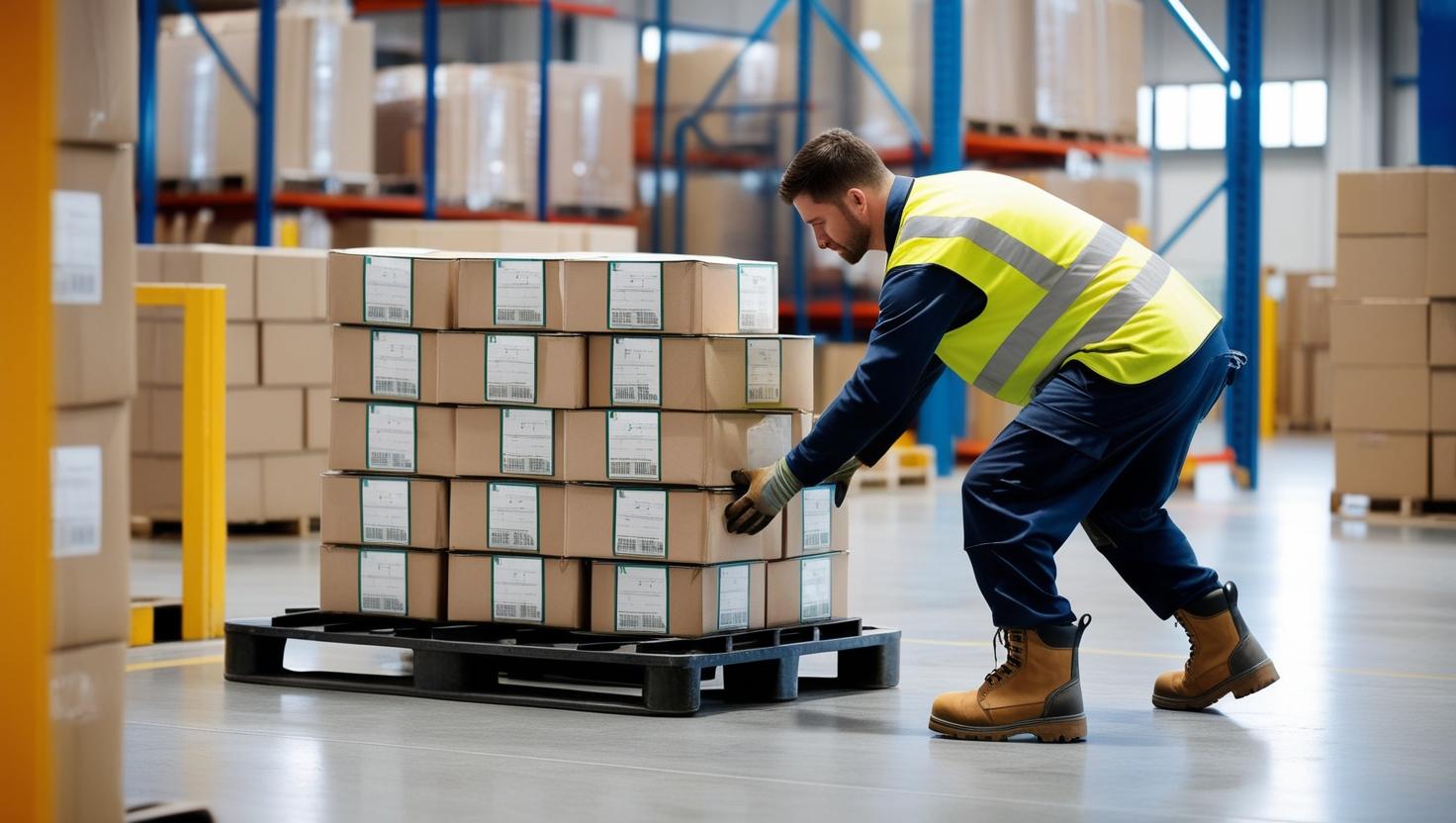 A focused warehouse operative scanning a package in a well-lit, modern warehouse environment.