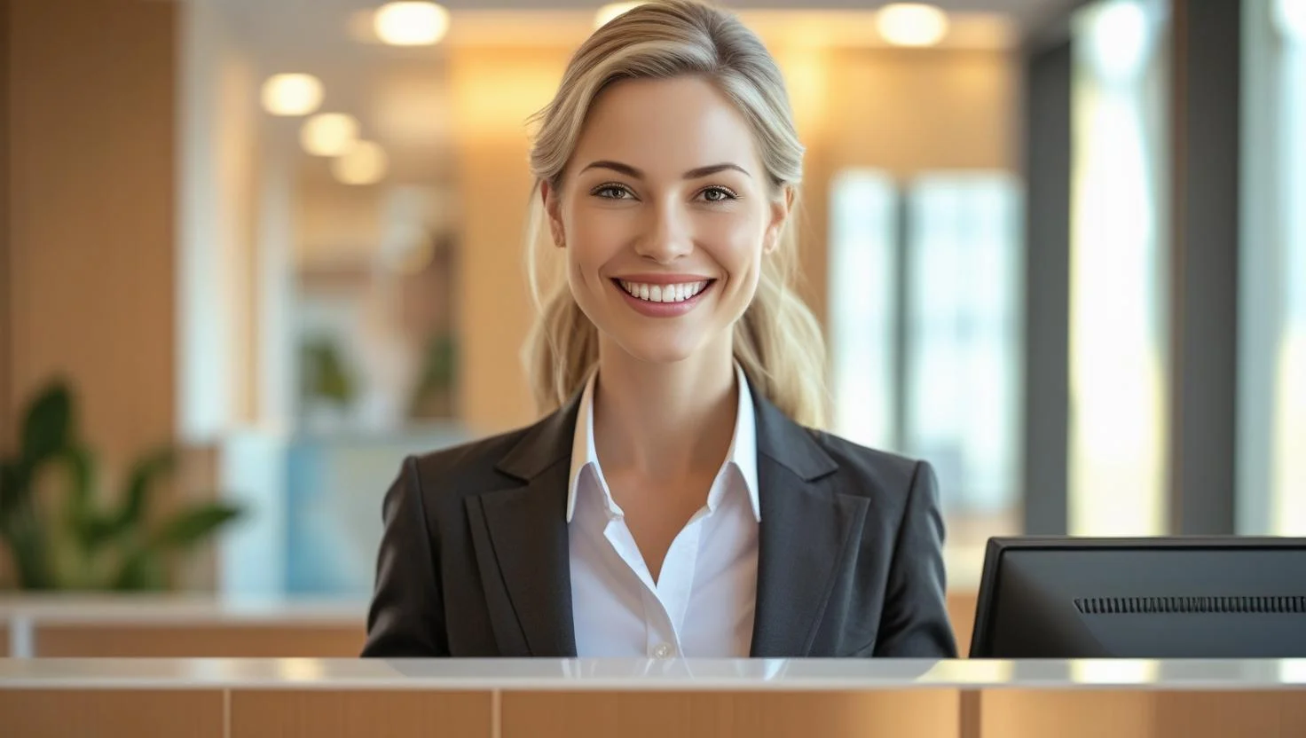 A professional woman with a headset, multitasking at a modern front desk, symbolising efficient receptionist work.