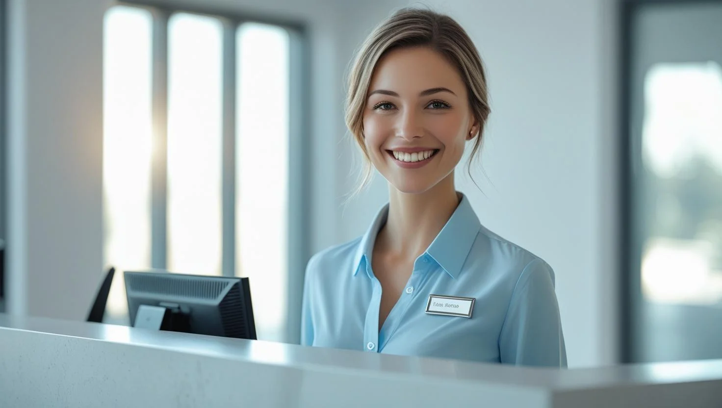 A busy Central London office lobby with a modern front desk, highlighting the dynamic environment for receptionists.