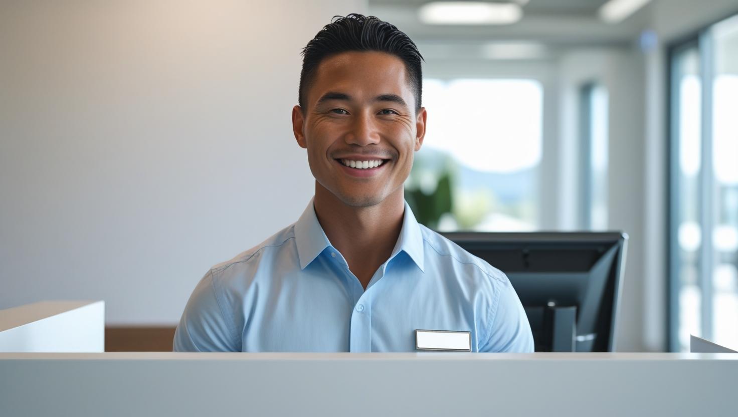 A professional female receptionist smiling at the front desk of a modern office in Central London, greeting a visitor.