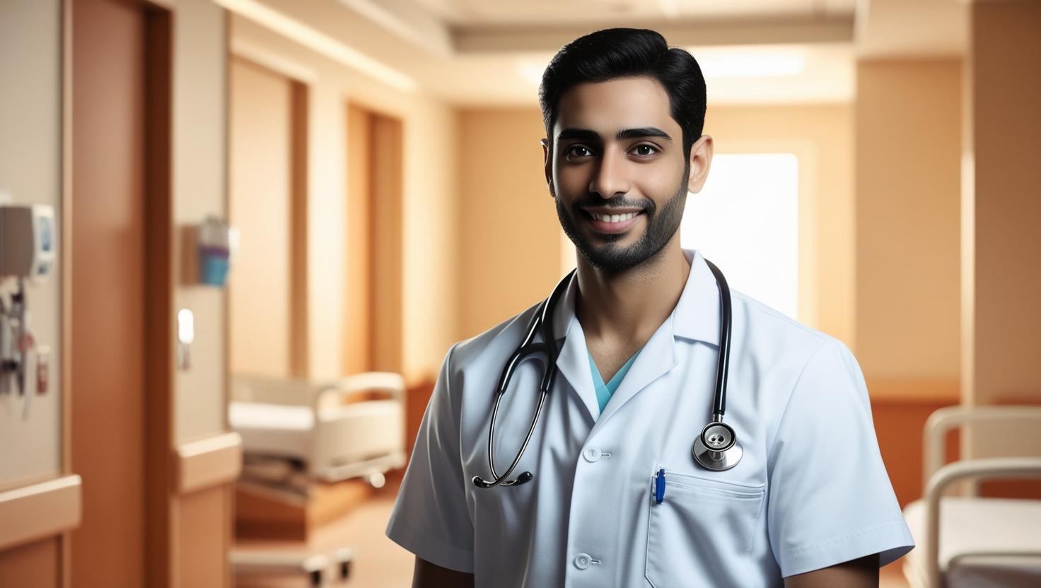 A confident and professional Registered Nurse standing with arms crossed in a modern hospital hallway.