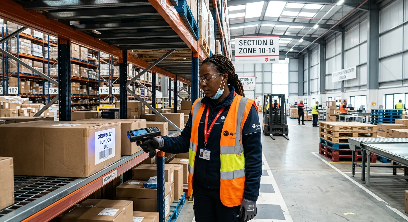 Professional warehouse worker in a modern London distribution centre, wearing high-visibility vest and using handheld scanner, with natural lighting