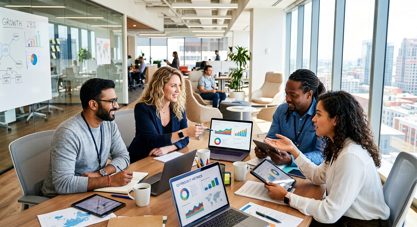 A modern, diverse team of professionals collaborating in a bright, sunlit office. The image should convey efficiency, technology (like laptops and data charts), and successful teamwork. Style: Professional corporate photography, high contrast, vibrant.