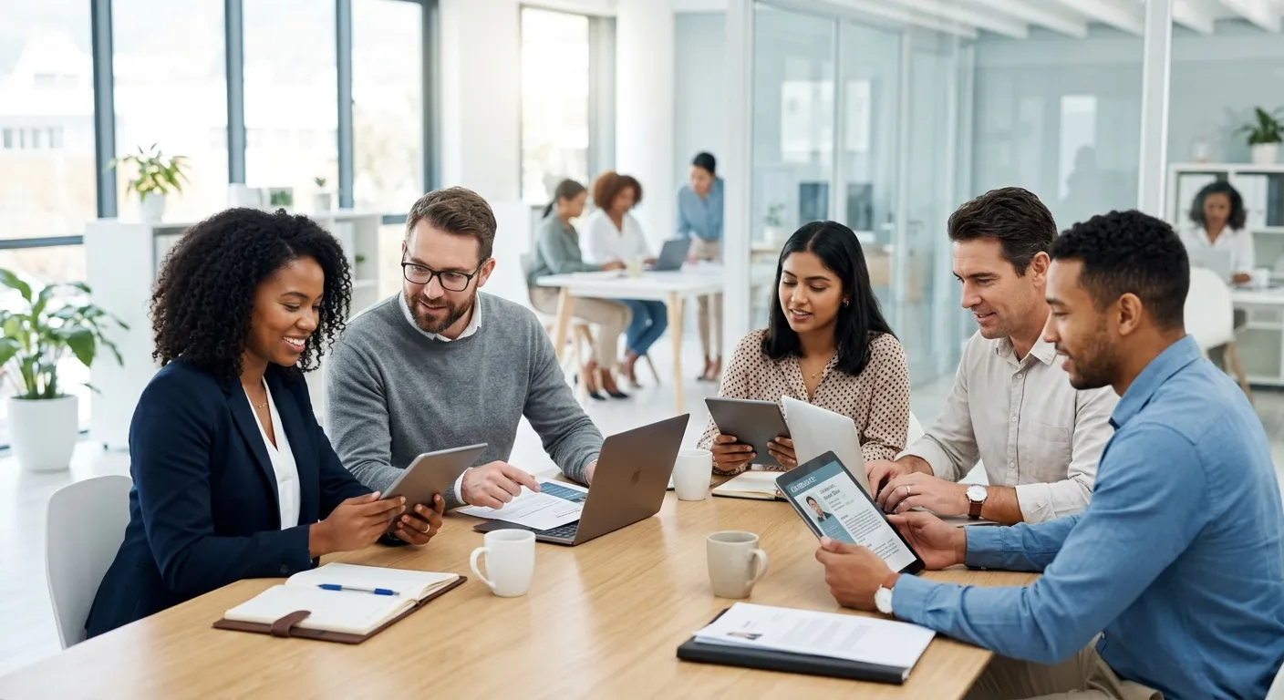 A modern, professional business setting. A diverse group of HR professionals and hiring managers are reviewing candidate profiles on digital tablets and laptops, with a clean office background. Style: professional stock photo, bright and optimistic. Mood: collaborative, efficient, and strategic.