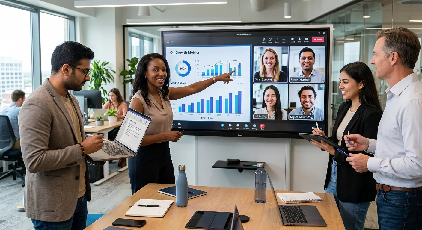 A dynamic, professional photo of a diverse team collaborating in a modern office setting. A manager points to a data chart on a screen, while augmented remote team members are visible on a video call monitor. Style: High-resolution, bright, optimistic, and focused on human connection and technology.