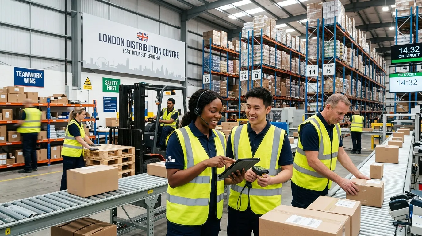 A dynamic, professional hero image showing a diverse team of warehouse operatives in a modern, well-organised London warehouse distribution centre, smiling and collaborating. The image should convey energy, efficiency, and a sense of immediate opportunity.