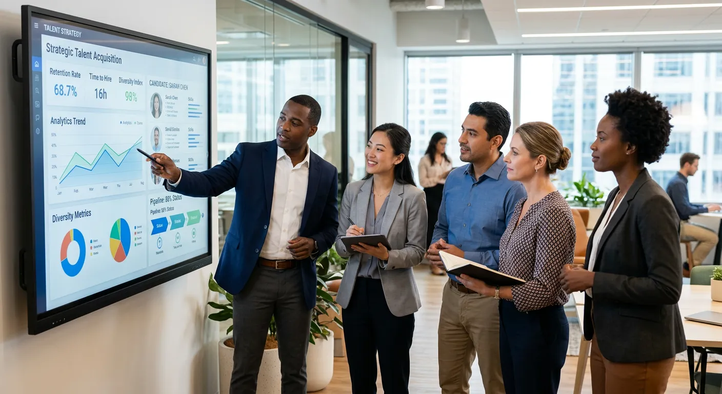A professional, high-resolution hero image depicting a diverse group of HR professionals and team leaders collaborating in a modern office. They are gathered around a large screen displaying analytics dashboards and candidate profiles, symbolizing strategic talent acquisition. Style: Authentic, bright, and aspirational corporate photography.