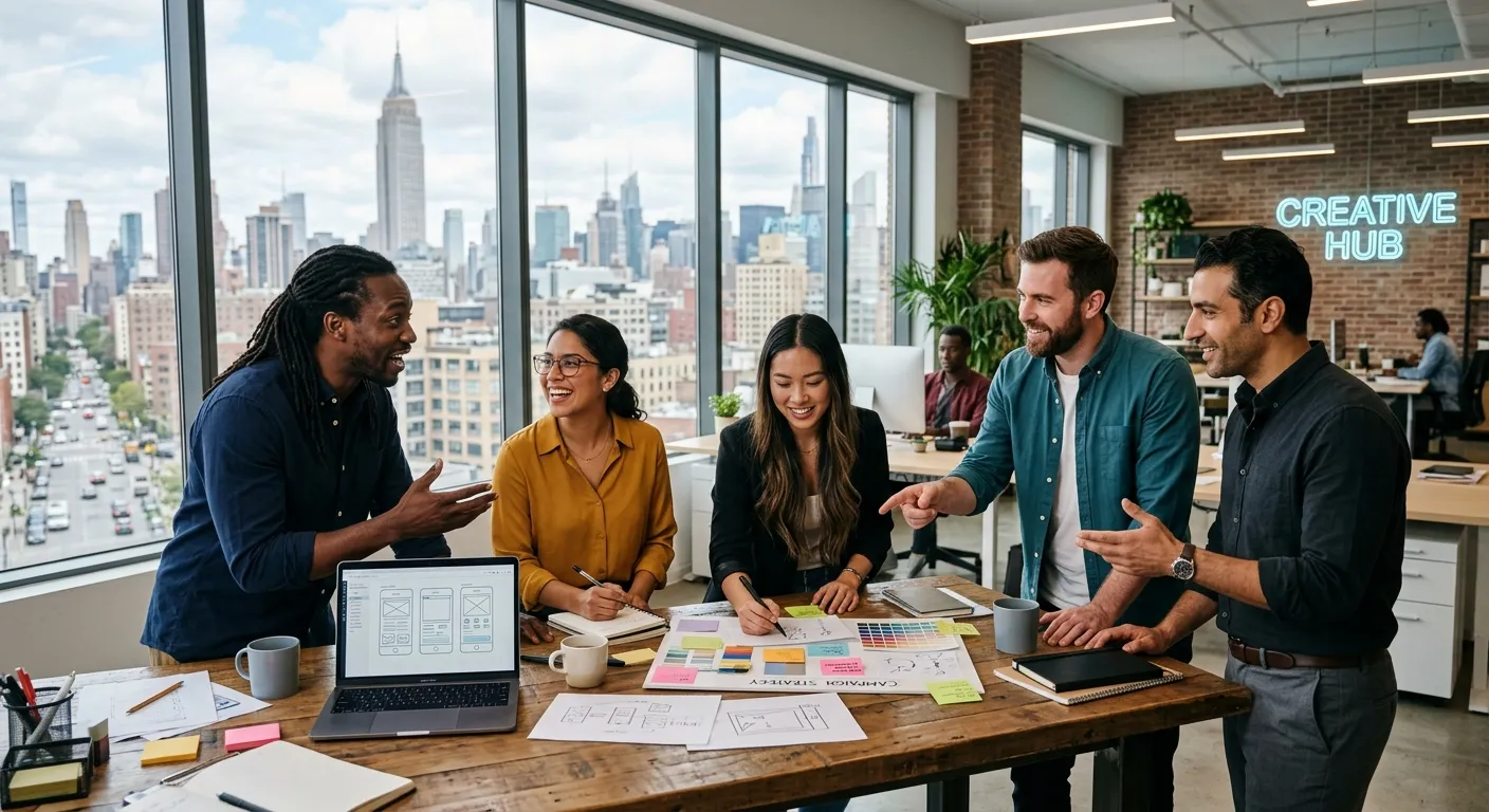 Professional, diverse team of creative professionals collaborating in a modern city office workspace, showing energy and teamwork with city skyline visible through windows