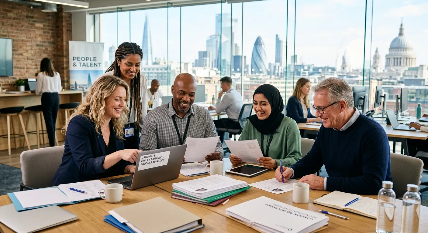 A diverse group of professional recruiters and HR managers collaborating in a modern London office, reviewing CVs and smiling. The mood is energetic, professional, and solutions-focused.