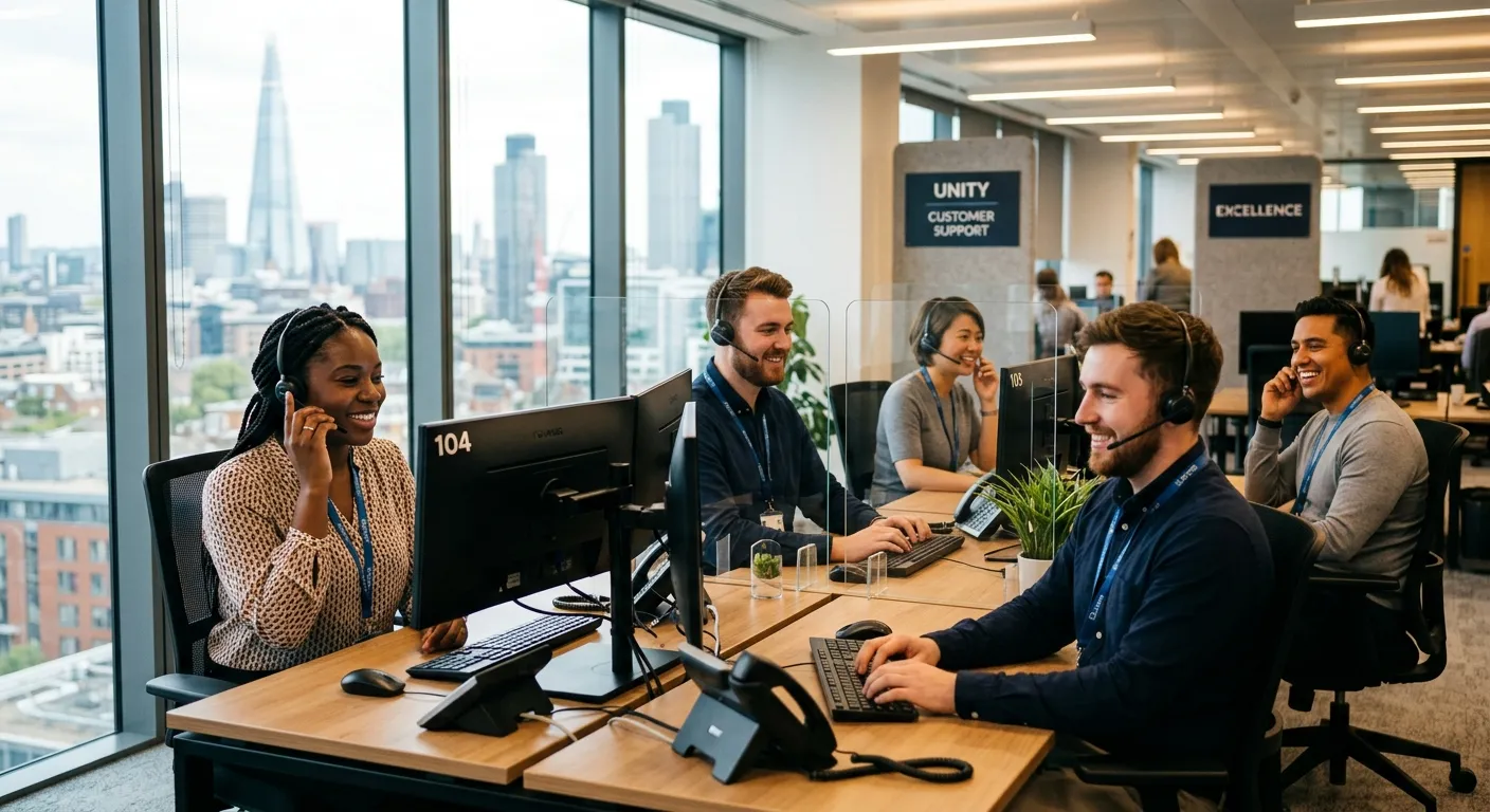 A professional, diverse team of customer service advisors in a modern city call centre or office setting, smiling and wearing headsets, with a blurred city skyline visible through the window. Style: authentic, professional, welcoming mood.