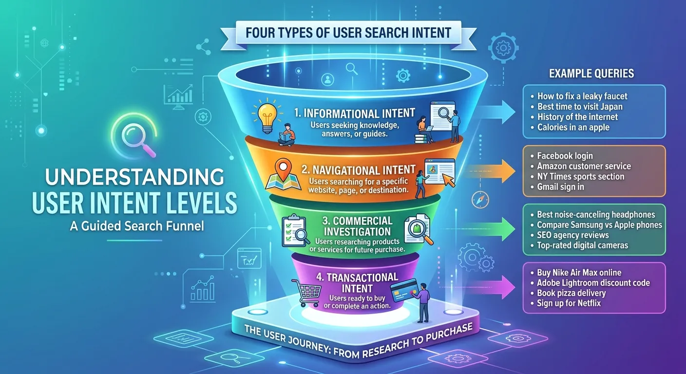 A detailed infographic showing a funnel with the four user intent types: Informational at the top, then Navigational, then Commercial Investigation, and Transactional at the bottom, with example search queries next to each.