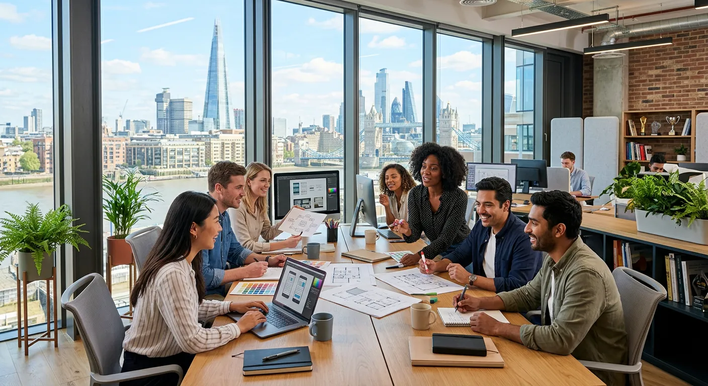 Professional, modern office environment in city showing diverse creative team collaborating on proje... Professional, modern office environment in city showing diverse creative team collaborating on projects, with city landmarks visible through windows, bright and inspiring atmosphere