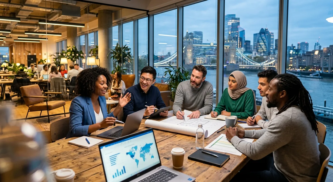 A dynamic, professional hero image showing a diverse group of professionals collaborating in a modern London office setting, with iconic London skyline visible through the window. Style: Professional, energetic, inclusive.