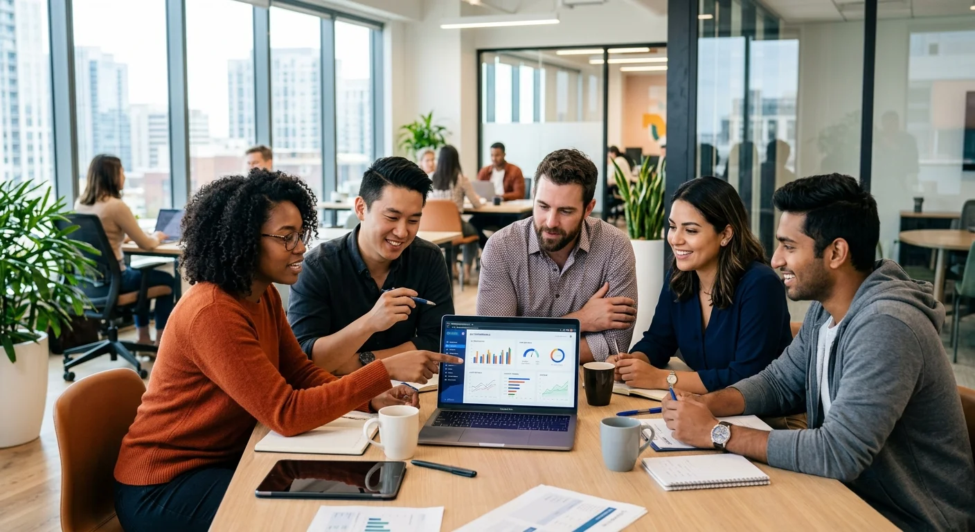 A modern, diverse team of professionals in a bright office collaborating around a table, looking at a laptop screen displaying analytics. Style: Professional, vibrant, and forward-thinking mood.
