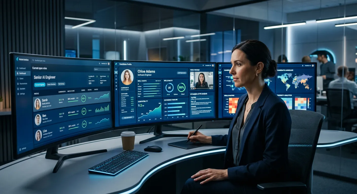 A modern, professional hiring manager reviewing candidate profiles on multiple high-tech screens, with data visualizations and AI analytics overlays. Style: Clean, futuristic, with a focus on technology and human decision-making. Mood: Efficient, intelligent, forward-thinking.