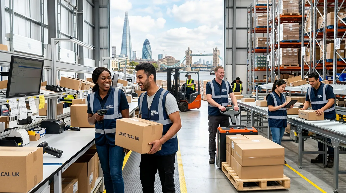 A dynamic, professional hero image showing a diverse team of warehouse operatives in a modern London logistics hub, smiling and working together. The style should be bright, energetic, and convey efficiency and teamwork. Include subtle London landmarks in the background.