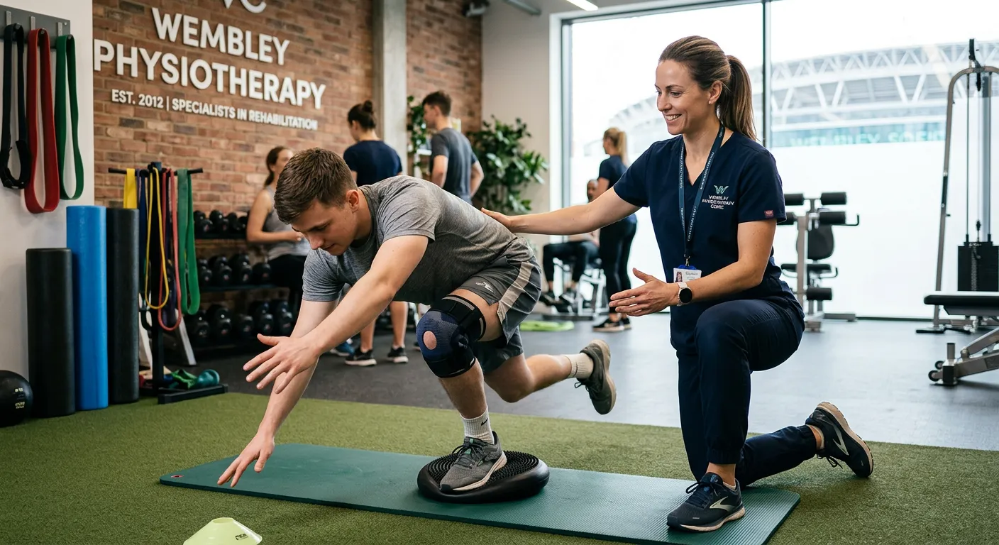 A professional, confident-looking Physical Therapist in a modern clinic setting in Wembley, assisting a patient with a rehabilitation exercise, conveying trust and expertise.