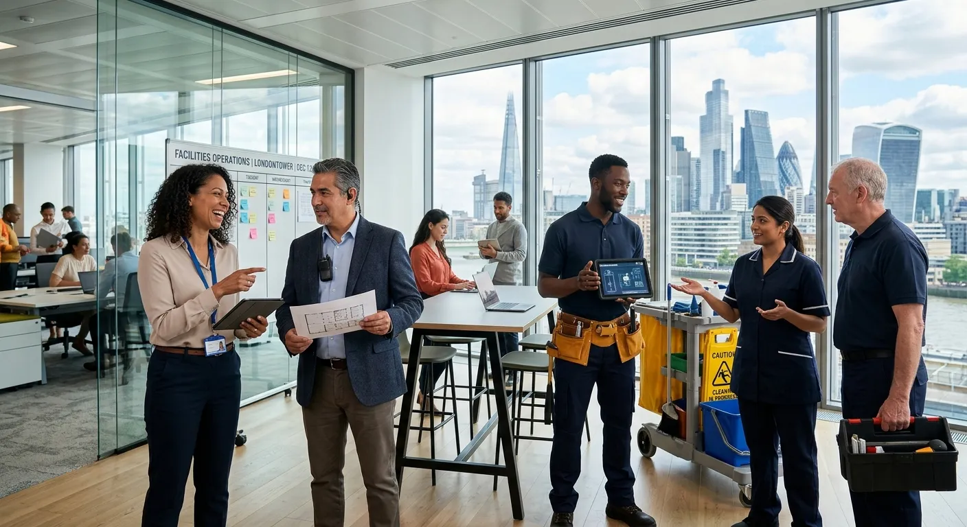 Professional hero image showing a diverse facilities management team in city, featuring maintenance... Professional hero image showing a diverse facilities management team in city, featuring maintenance technicians, cleaning supervisors, and site managers working in a modern commercial building, with local landmarks visible through windows
