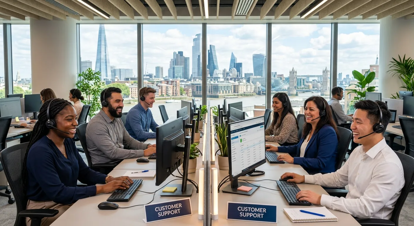 Professional, diverse team of customer service agents working in a modern call centre environment in city, smiling and wearing headsets, with city landmarks visible through windows. Bright, welcoming atmosphere.
