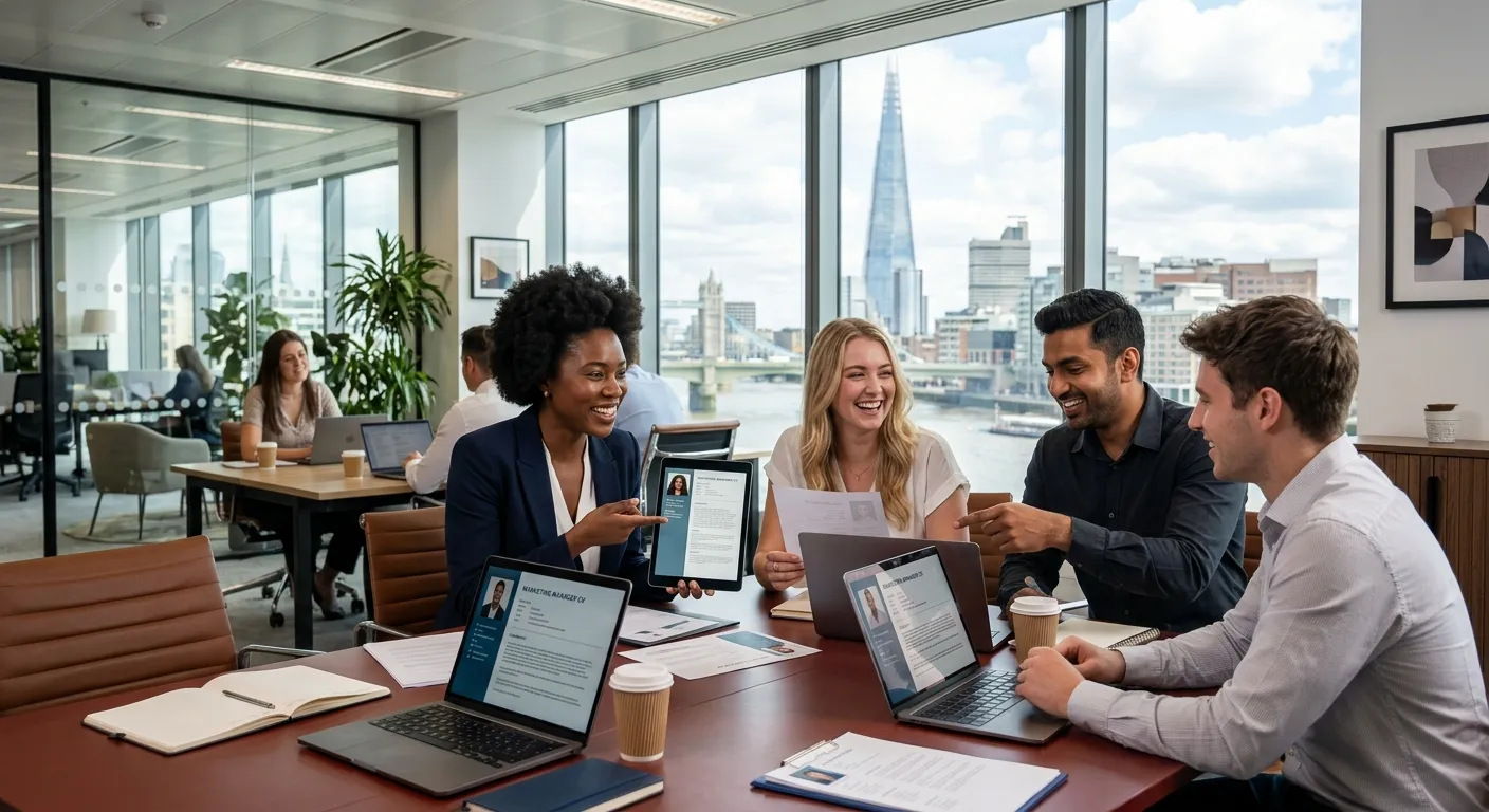A dynamic, professional hero image showing a diverse team of recruitment consultants in a modern London office, discussing candidate profiles and smiling. The London skyline (featuring The Shard) is visible through a window. Style: Professional, bright, confident. Mood: Energetic, trustworthy, metropolitan.