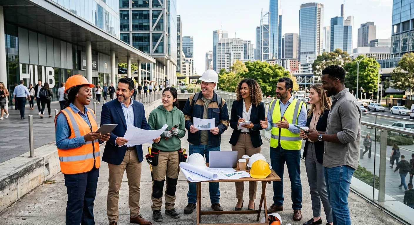 A diverse group of professional workers in an urban setting, looking engaged and collaborative. Style is modern, professional, with a focus on people in business-casual and trade attire, representing various industries. Mood is optimistic, dynamic, and solution-oriented.
