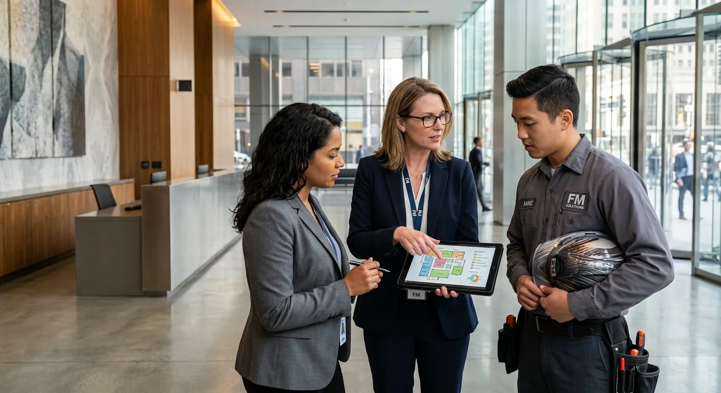 A professional, high-contrast photo of a diverse facilities management team in a modern building lob... A professional, high-contrast photo of a diverse facilities management team in a modern building lobby. A facilities manager in a suit points to a building schematic on a tablet while a technician in uniform listens. The style is crisp, bright, and conveys competence and collaboration.