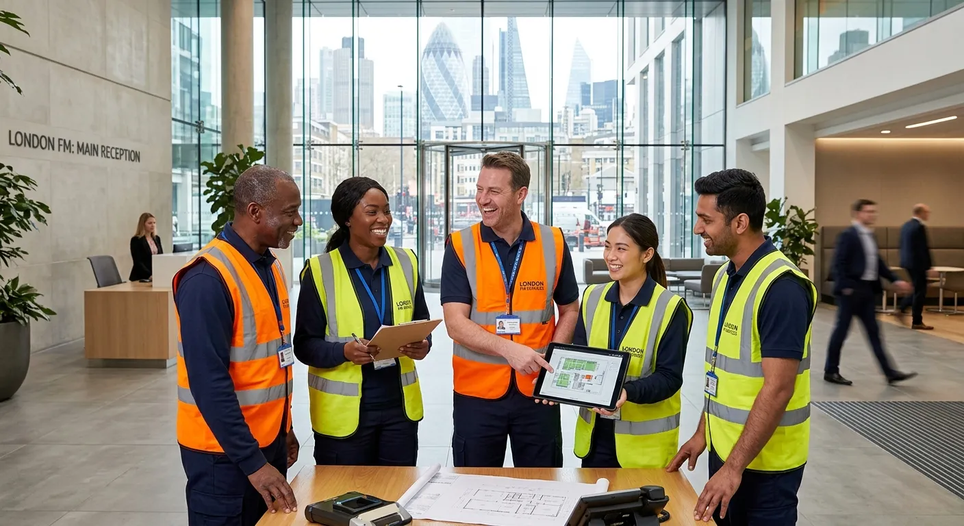 A diverse group of professional facilities management staff in high-visibility vests, smiling and collaborating in a modern, well-maintained London office building lobby, daytime, professional and welcoming mood