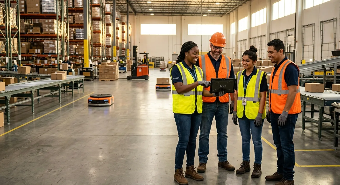 A modern, high-tech warehouse interior at golden hour, with a diverse team of logistics professionals in high-visibility vests reviewing a tablet, conveying efficiency and partnership.