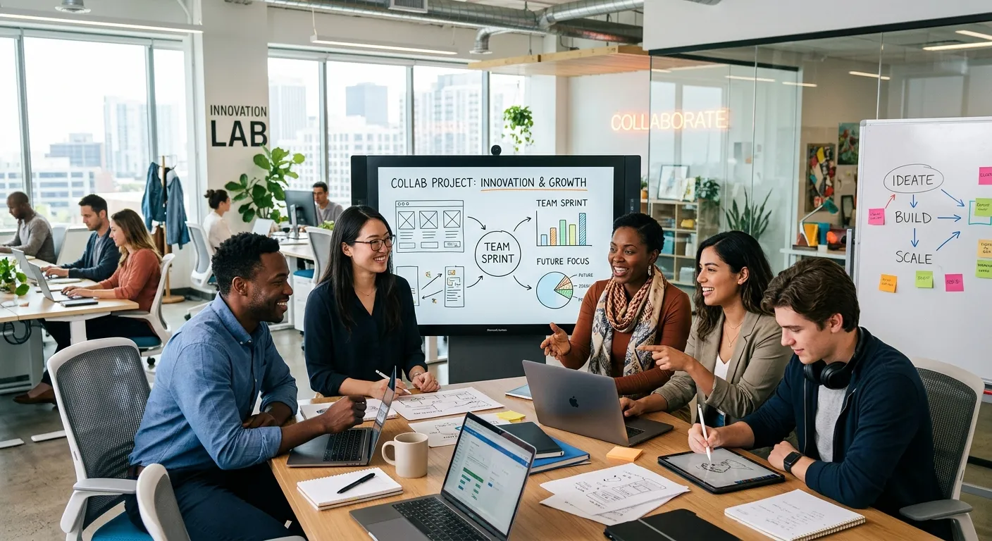 A diverse group of modern professionals collaborating in a bright, open-plan office. The mood is energetic, innovative, and forward-thinking, with a focus on teamwork and technology.