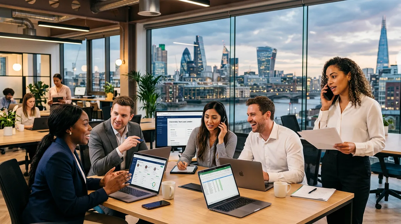 A dynamic, professional hero image showing a diverse team of recruitment consultants in a modern London office, collaborating over laptops and phones. The mood is energetic, focused, and solution-oriented, with the London skyline visible through a window.