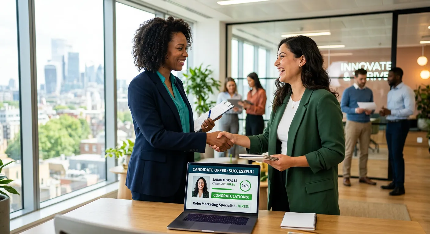 A modern, professional office setting with a diverse hiring manager and candidate shaking hands in f... A modern, professional office setting with a diverse hiring manager and candidate shaking hands in front of a laptop showing a successful candidate profile. Style is bright, high-contrast, and optimistic.