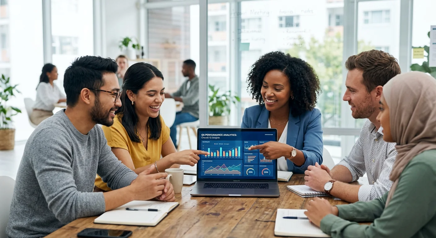 A modern, diverse team of professionals in a bright office collaborating around a laptop, looking at data analytics on a screen. Style is professional, high-resolution, with a slight blur on the edges to focus on the people. Mood is innovative, successful, and collaborative.
