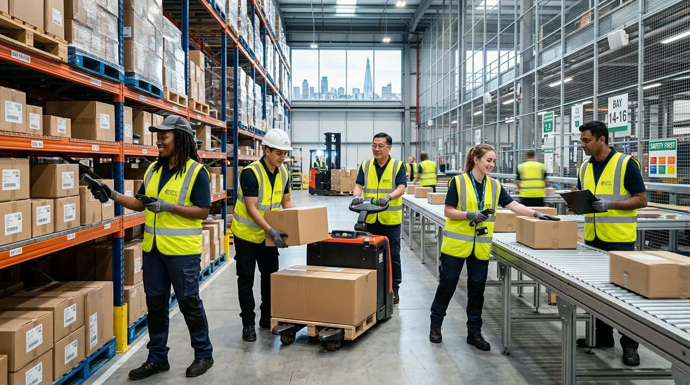 A dynamic, professional hero image showing a diverse team of warehouse operatives working efficiently in a modern, well-organised City warehouse facility. The image should convey energy, teamwork and a positive work environment, with people operating scanners, moving goods and collaborating.
