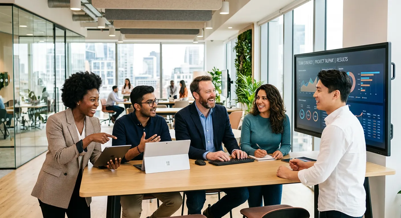 A dynamic, professional hero image showing a diverse group of professionals collaborating in a modern office setting. Style should be bright, aspirational, and focused on human connection and technology. Mood: confident, innovative, and inclusive.