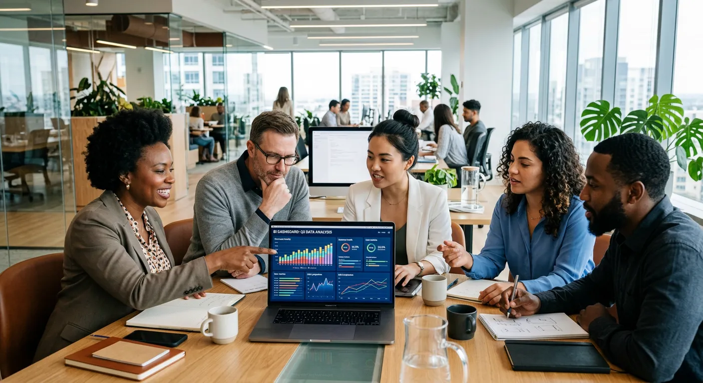 A professional, modern office environment with a diverse team collaborating around a table, looking... A professional, modern office environment with a diverse team collaborating around a table, looking at data on a laptop. The mood is dynamic, efficient, and forward-thinking. Style should be high-quality, bright, and professional.
