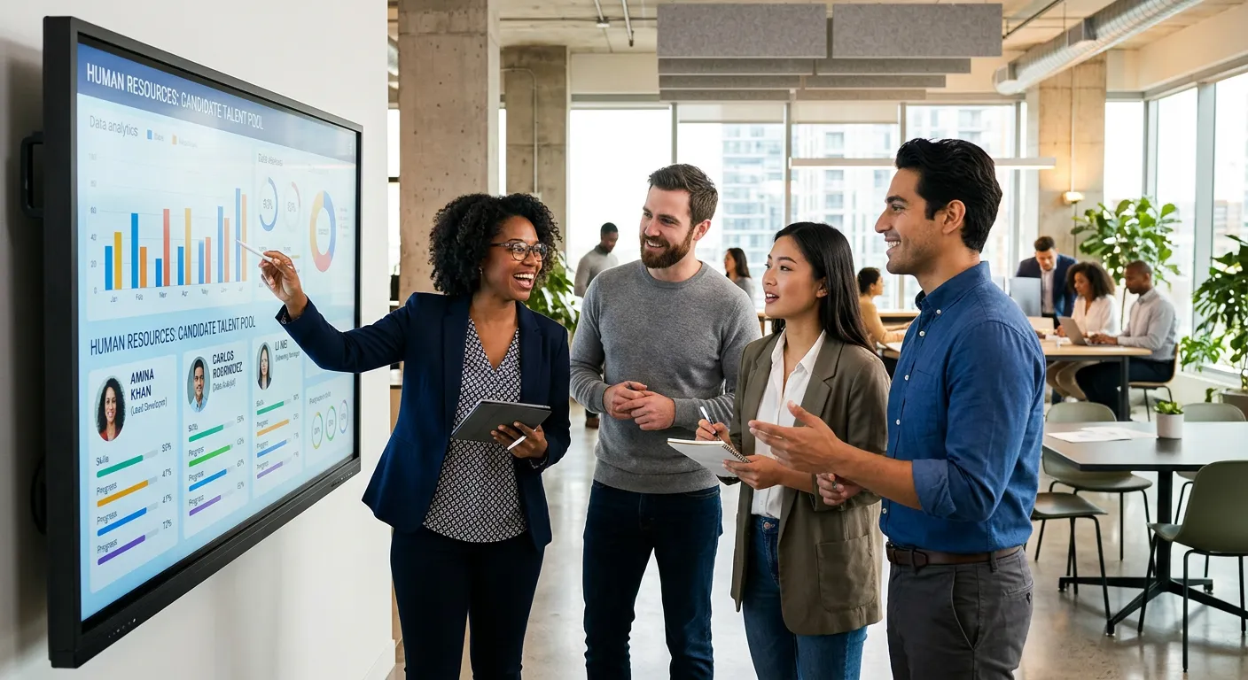 A modern, diverse team of professionals collaborating in a bright, open-plan office, looking at a large digital screen displaying data analytics and candidate profiles. Style: Professional, vibrant, and future-focused.