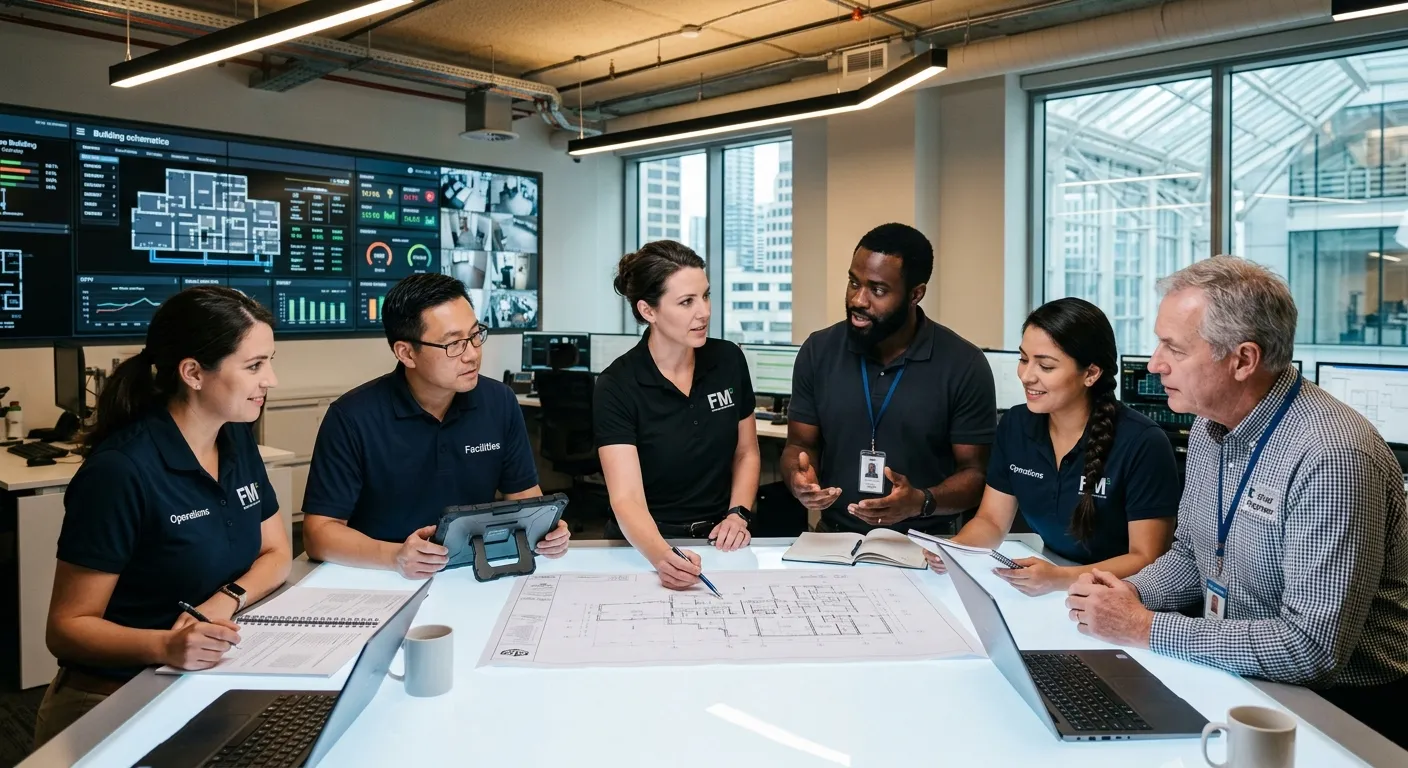 Professional hero image of a diverse facilities management team in a modern building control room or on-site, reviewing plans and discussing maintenance. Corporate, confident, and collaborative mood.