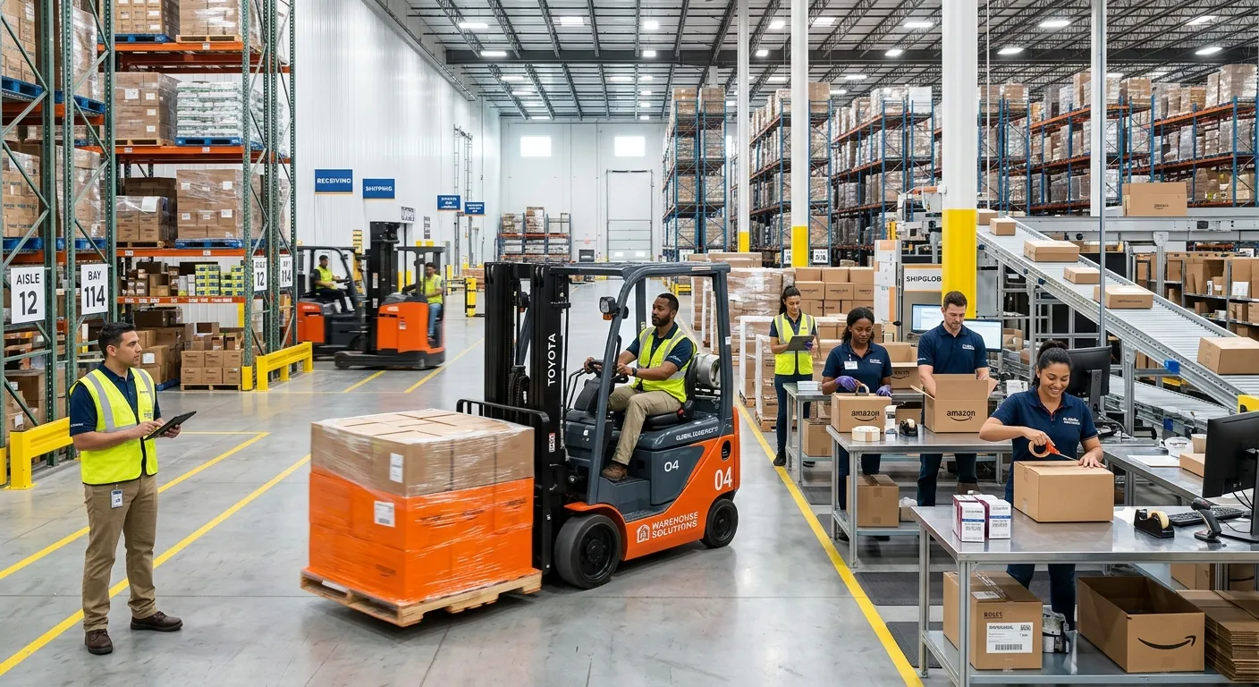 A dynamic, professional hero image showing a modern, well-organized warehouse with a diverse team of operatives working efficiently, with a focus on forklifts and packing stations. The mood is energetic, professional, and promising.